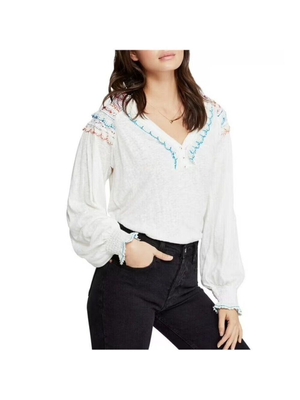 Free People Siesta Fiesta Top Long Sleeve Ivory W/Multicolored Embroidery SZ XS